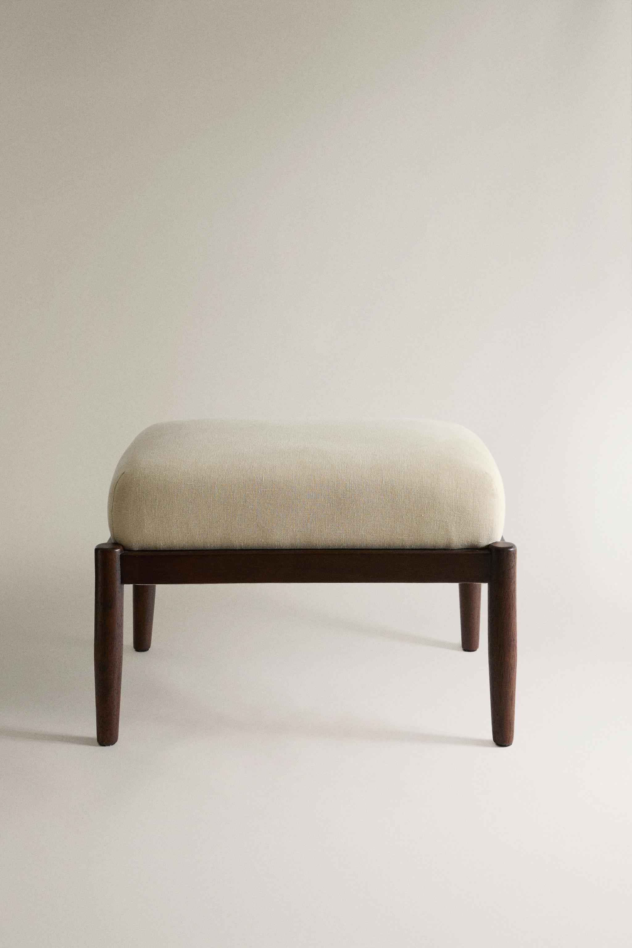 WOOD AND LINEN FOOTREST STOOL